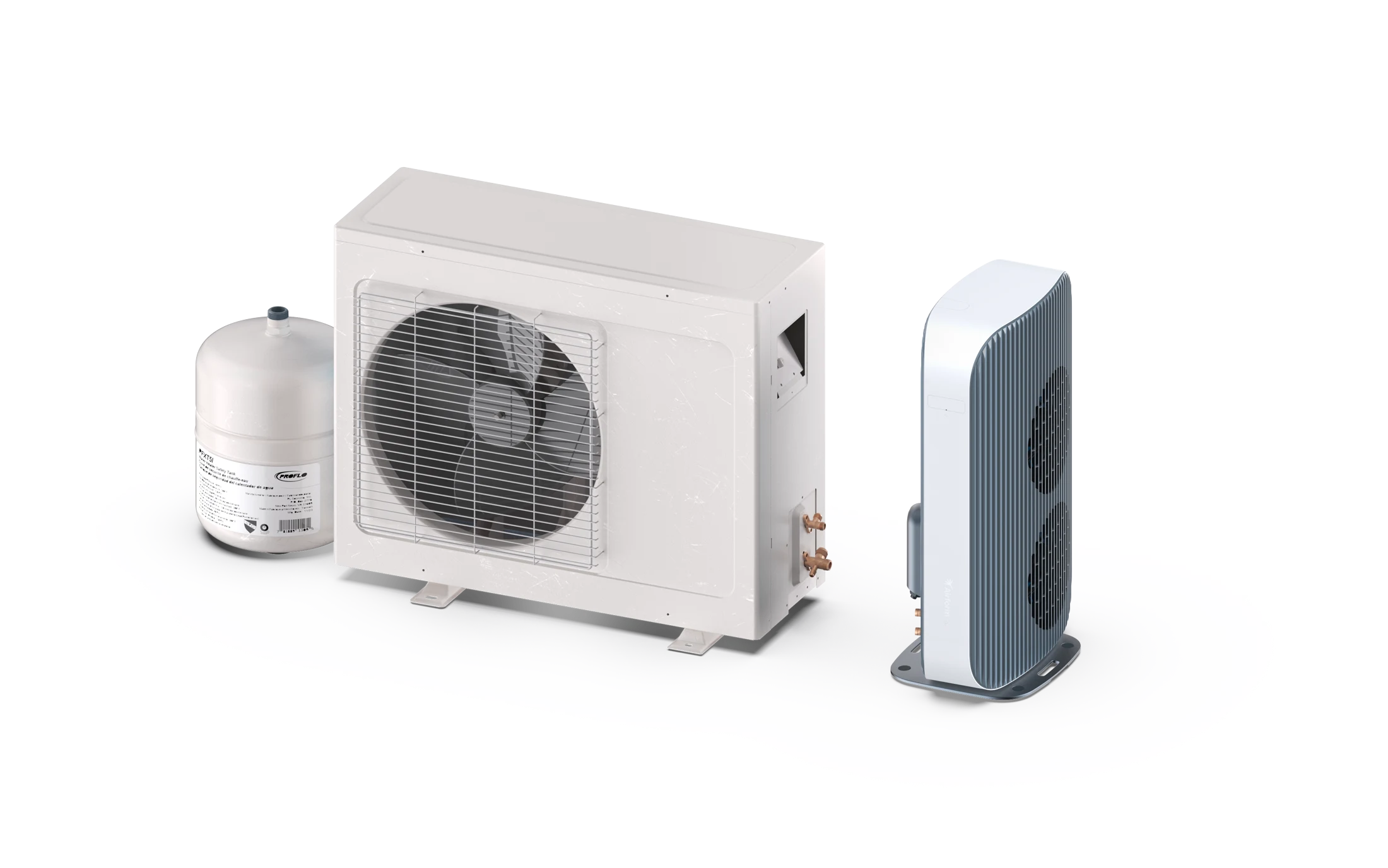Airform One outdoor unit beside the closest competitor's condenser and expansion tank, at a fraction of the size
